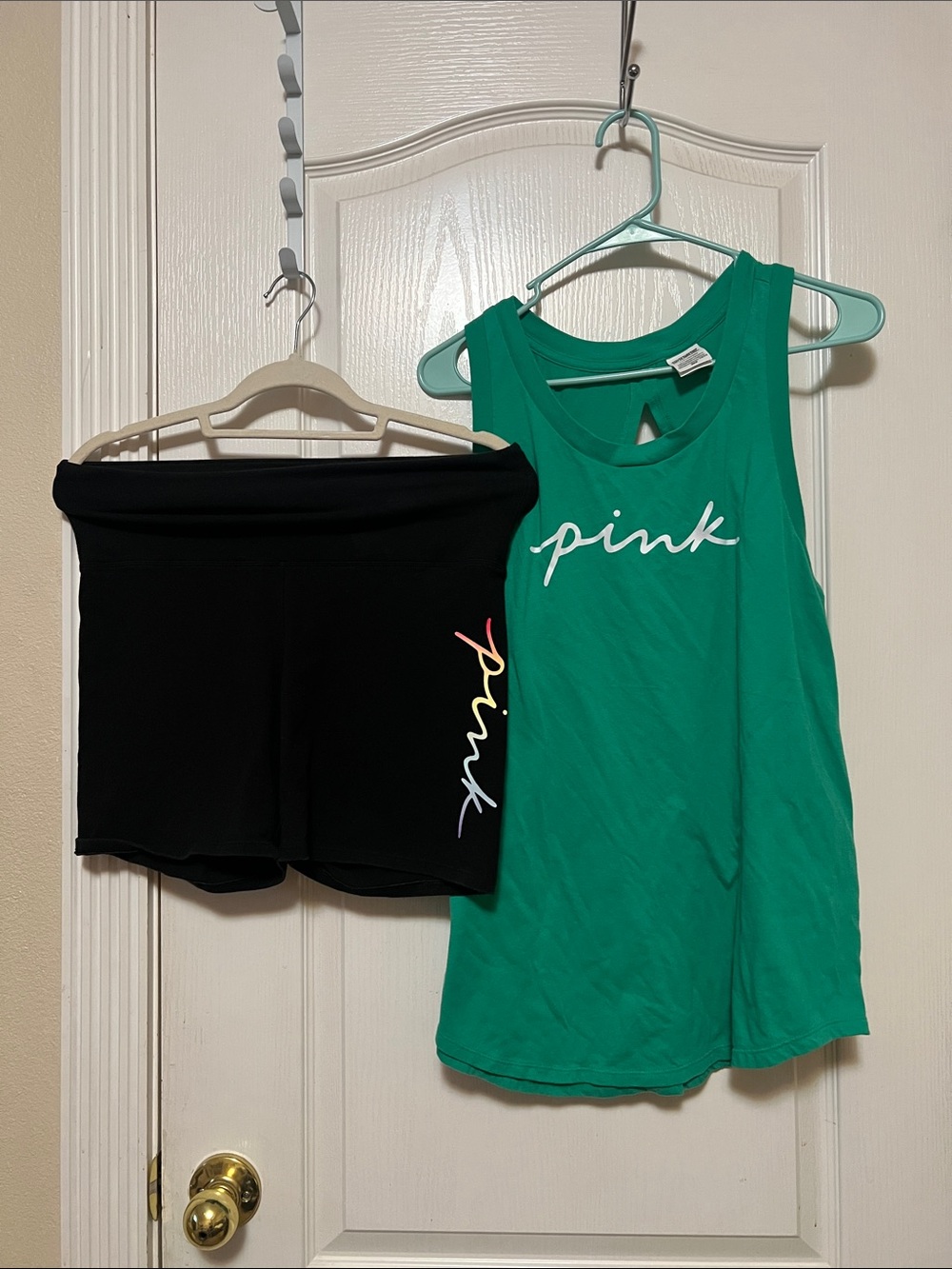 PINK vs Green Tank Top & Black Logo Bike Shorts Set